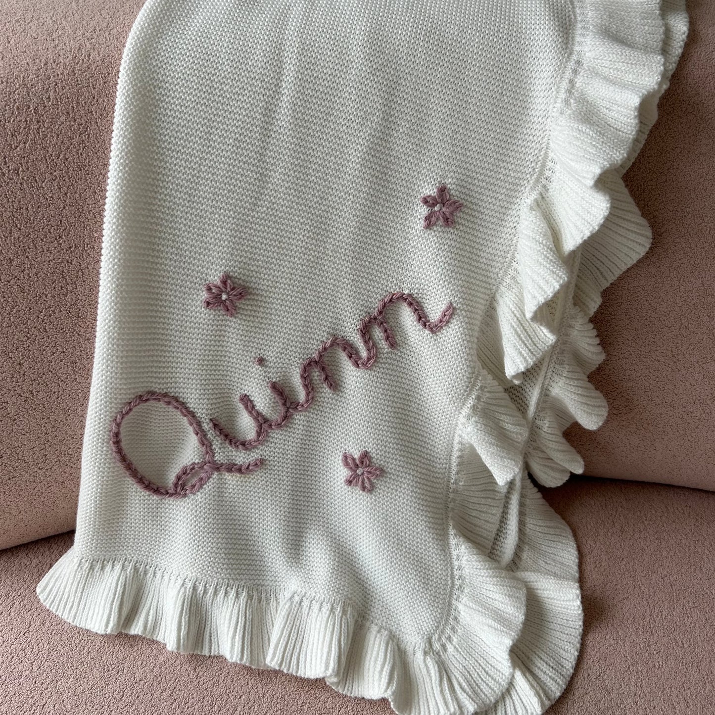 Ruffle Edged Baby Blanket | White Newborn Custom Embroidered Blanket