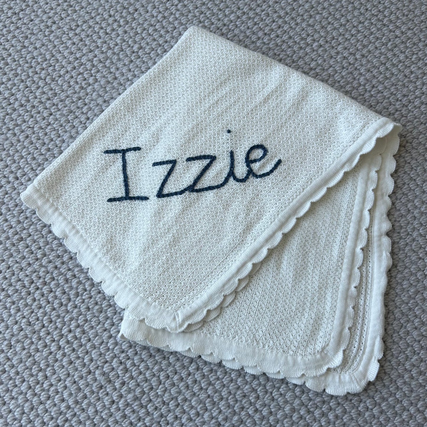 Ivory Scalloped Edge Thin Knit Baby Blanket