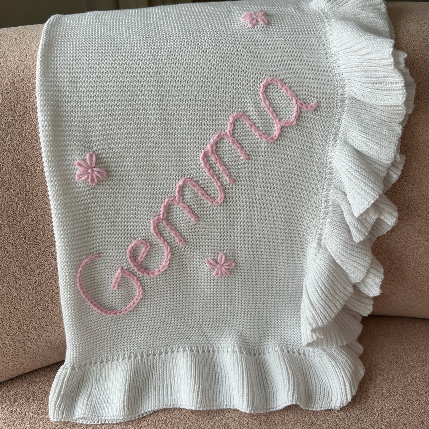 Ruffle Edged Baby Blanket | White Newborn Custom Embroidered Blanket