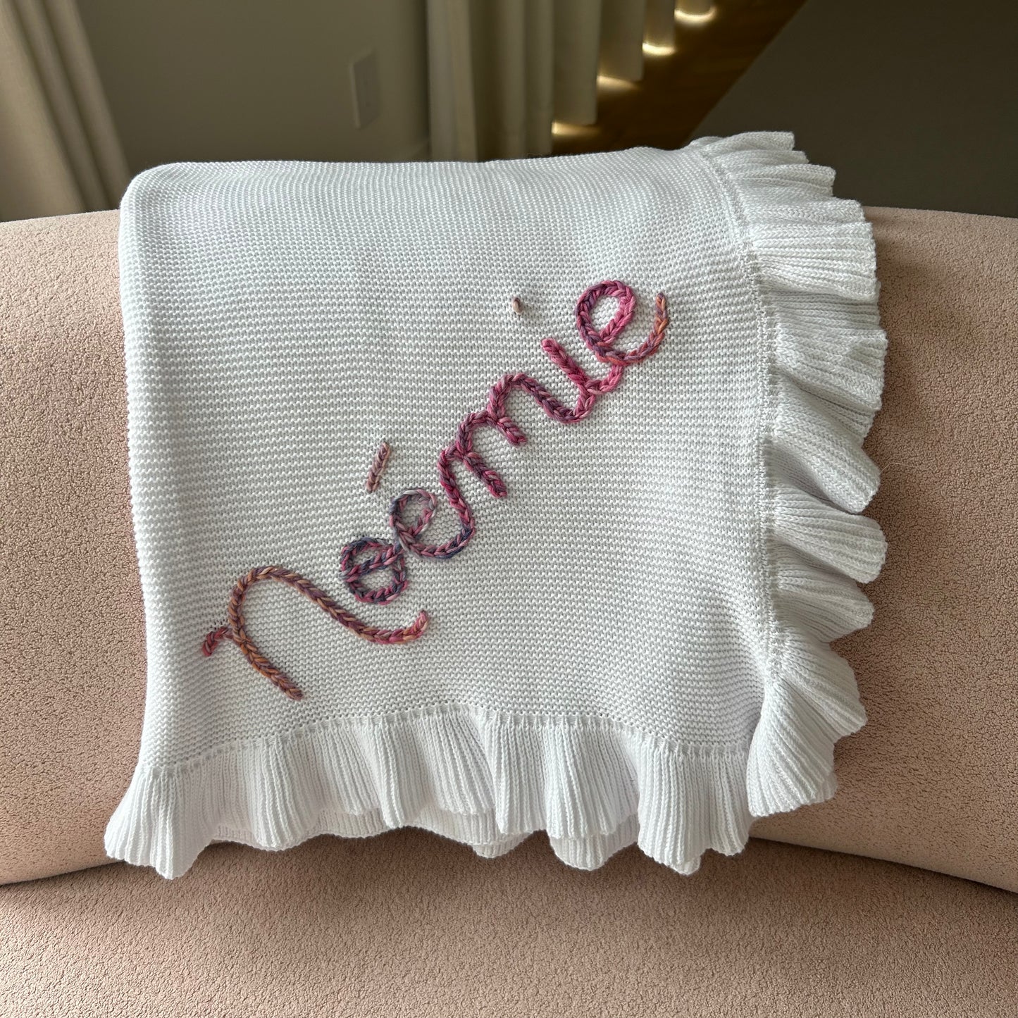 Ruffle Edged Baby Blanket | White Newborn Custom Embroidered Blanket