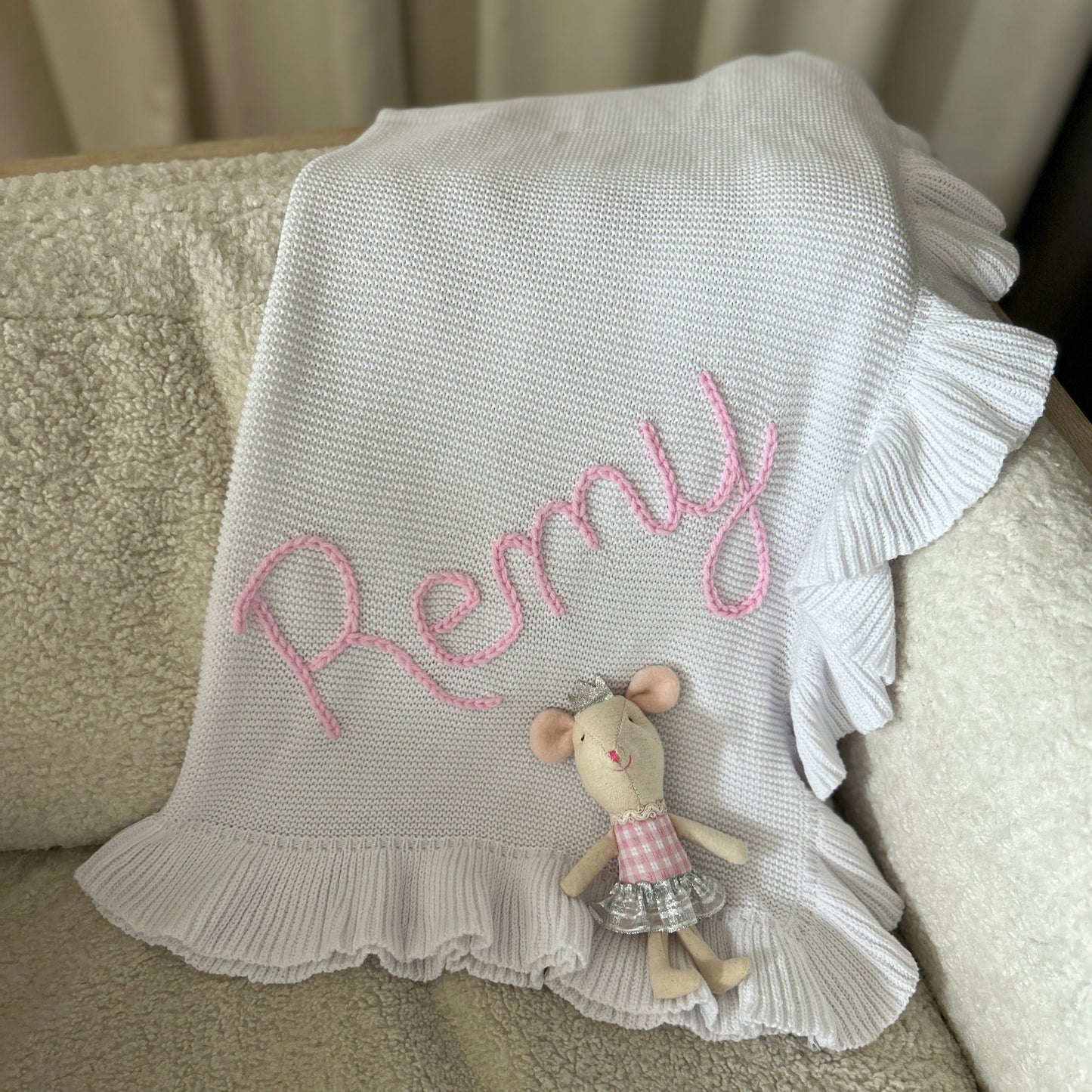 Ruffle Edged Baby Blanket | White Newborn Custom Embroidered Blanket