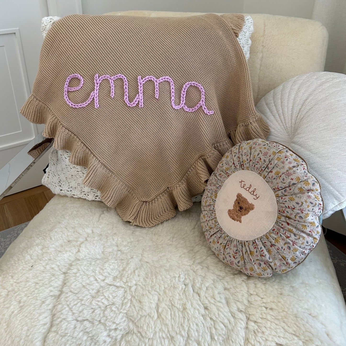 Ruffle Edged Baby Blanket | White Newborn Custom Embroidered Blanket