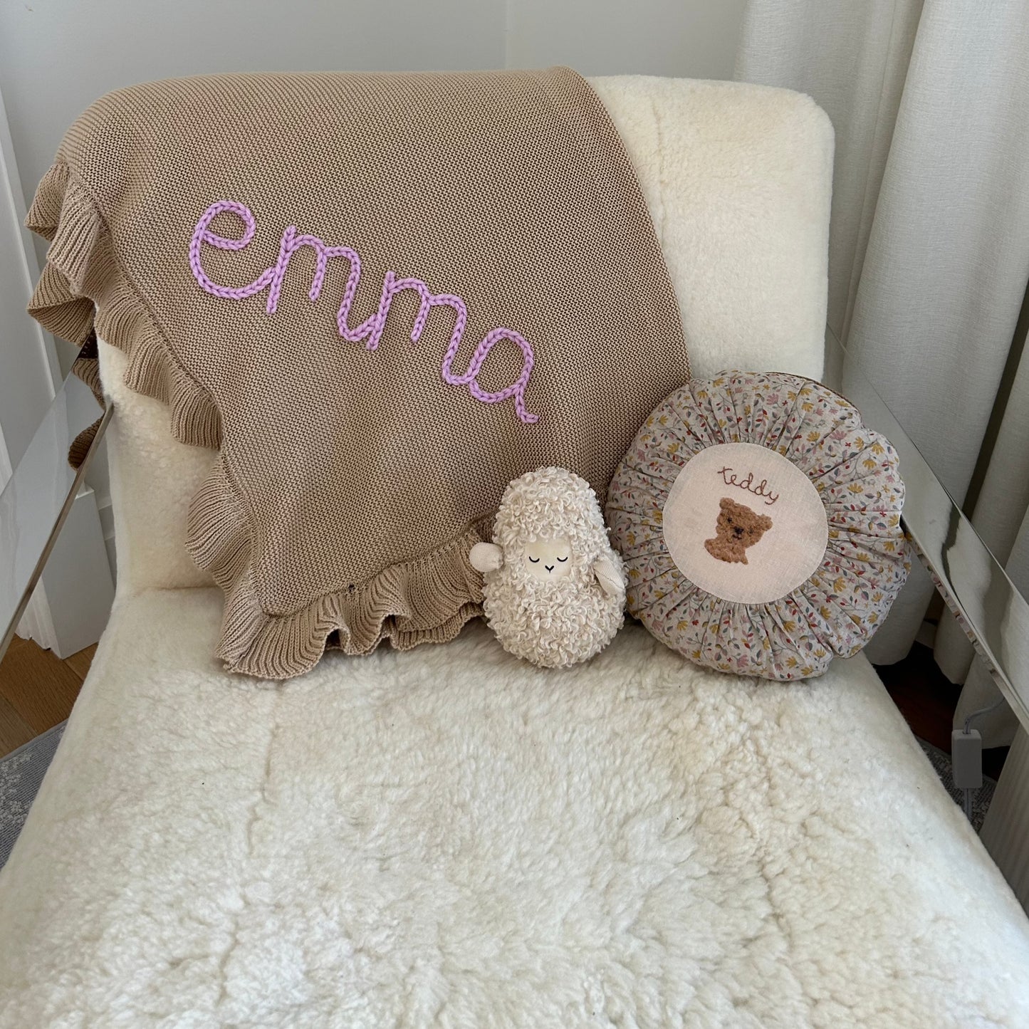 Ruffle Edged Baby Blanket | White Newborn Custom Embroidered Blanket