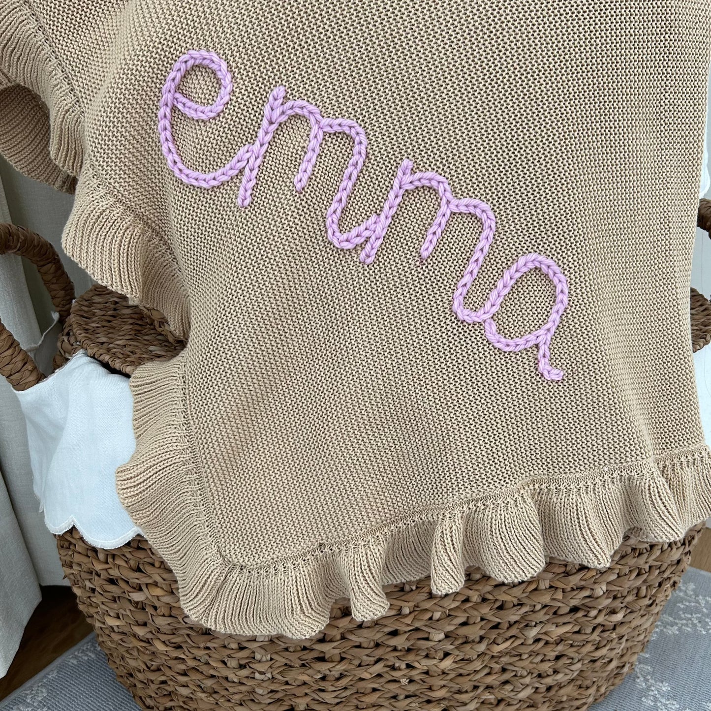 Ruffle Edged Baby Blanket | White Newborn Custom Embroidered Blanket