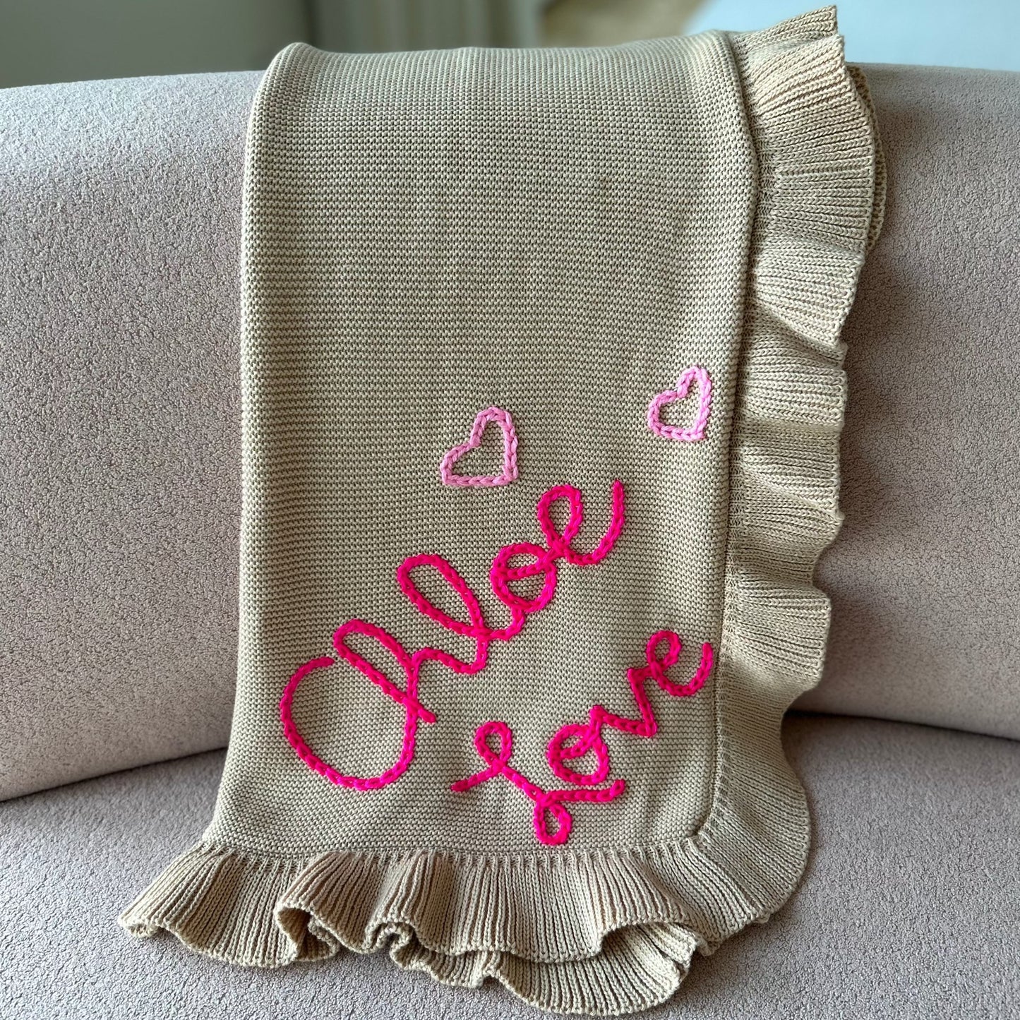 Ruffle Edged Baby Blanket | White Newborn Custom Embroidered Blanket
