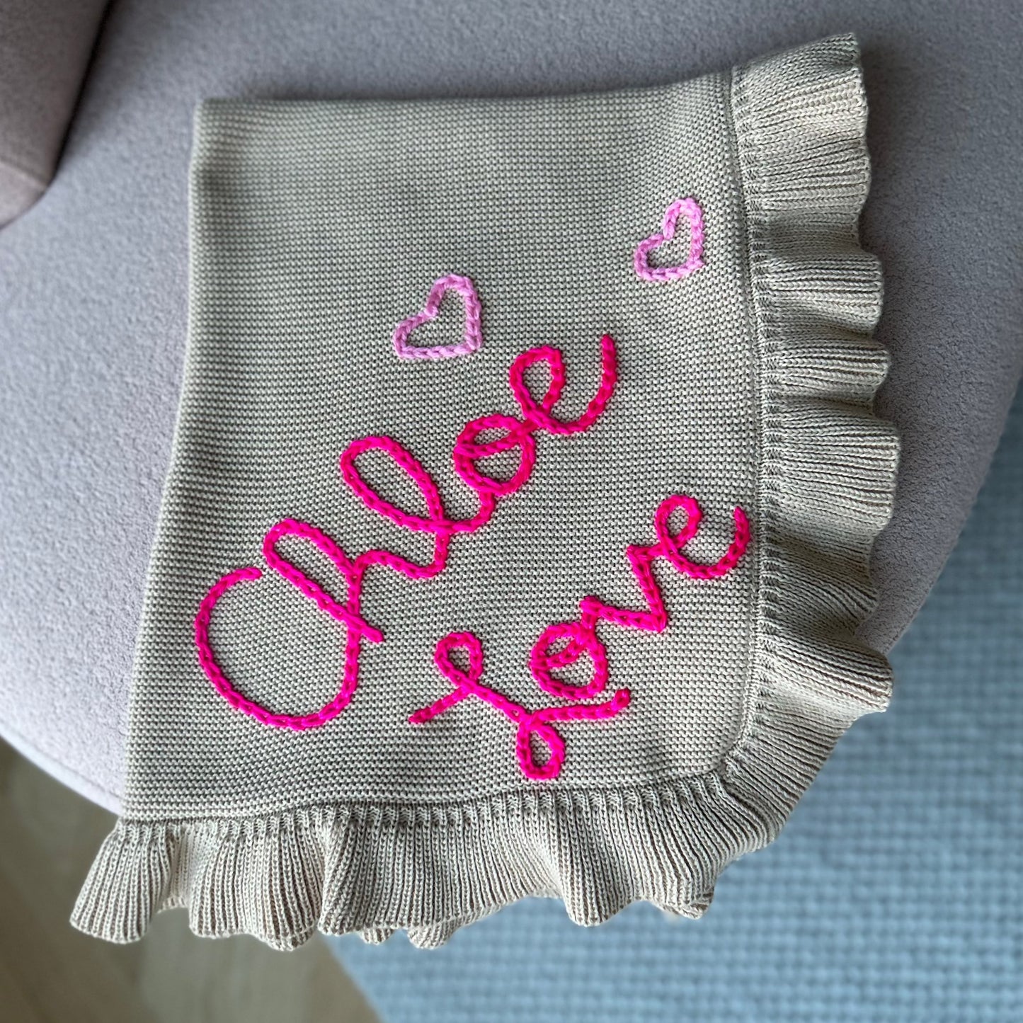 Ruffle Edged Baby Blanket | White Newborn Custom Embroidered Blanket