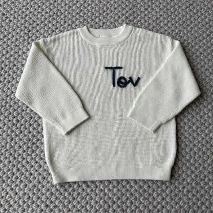 Waffle Straight Cut Sweater | Ivory or Blue 6 Months to 4 Years