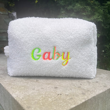 Teddy Boucle Pouch | White or Beige | Machine Embroidery