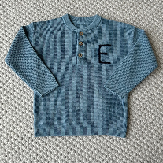 Henley Initial Waffle Blue Sweater | 12-18 Months