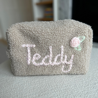 Teddy Boucle Pouch | White or Beige | Machine Embroidery