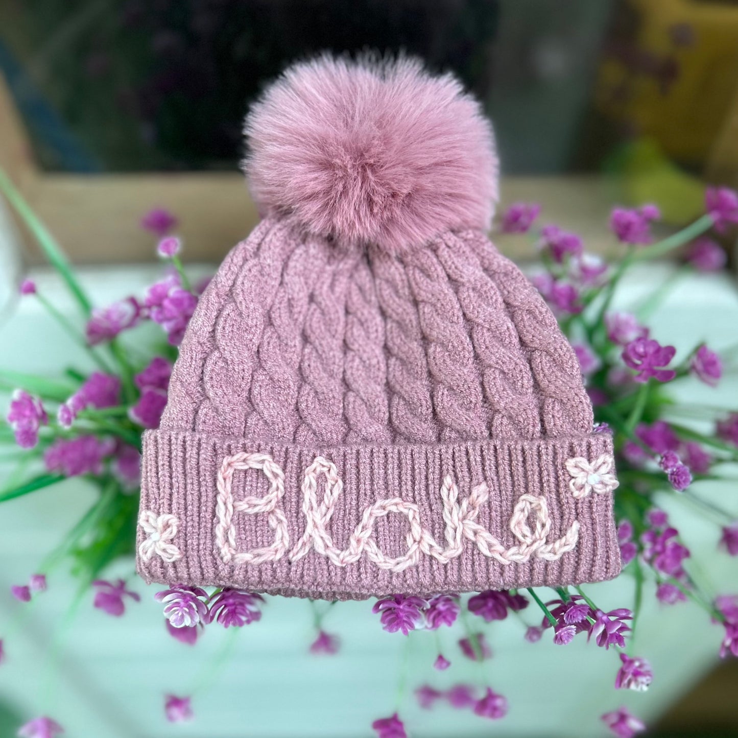 Deep Blush Cableknit Pompom Beanie for babies | Soft Custom Baby Hat