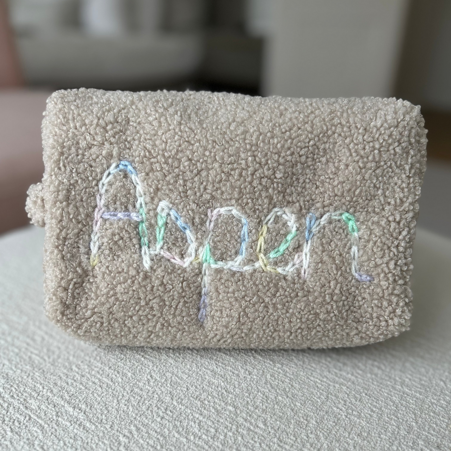 Teddy Boucle Pouch | White or Beige | Machine Embroidery