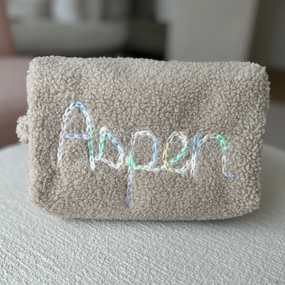 Teddy Boucle Pouch | White or Beige | Machine Embroidery