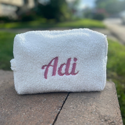 White Teddy Boucle Pouch | Machine Embroidery
