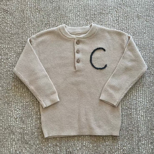 Henley Waffle Sweater | Beige & Blue, Multiple Sizes