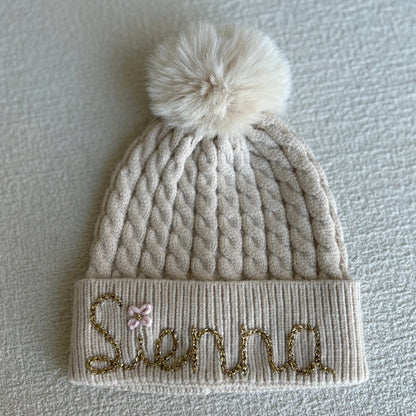 Ivory Cableknit Pom Pom Beanie for Toddlers (2-6 Years Old)