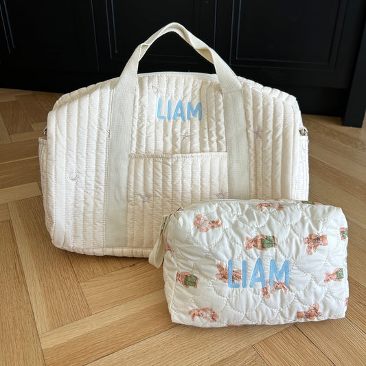 Cream Bag & Pouch Bundle | Overnight Bag + Teddy Bear Pouch | Machine Embroidery