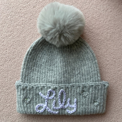 *PREMIUM* Grey Pom Pom Beanie with metallic silver trim | Winter Hat for 1 - 10 Year Olds